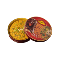 Round box of Sohan Gol Saediniya sugar-free sweets, wrapped with a turquoise ribbon and a red tag