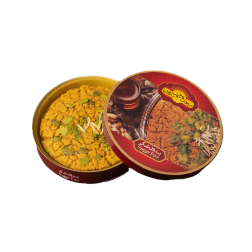 Round box of Sohan Gol Saediniya sugar-free sweets, wrapped with a turquoise ribbon and a red tag