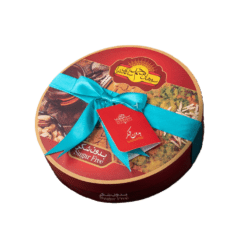 Round box of Sohan Gol Saediniya sugar-free sweets, wrapped with a turquoise ribbon and a red tag