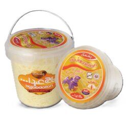 Hajabdullah saffron flavour cotton candy bucket with fluffy yellow fairy floss in resealable packaging